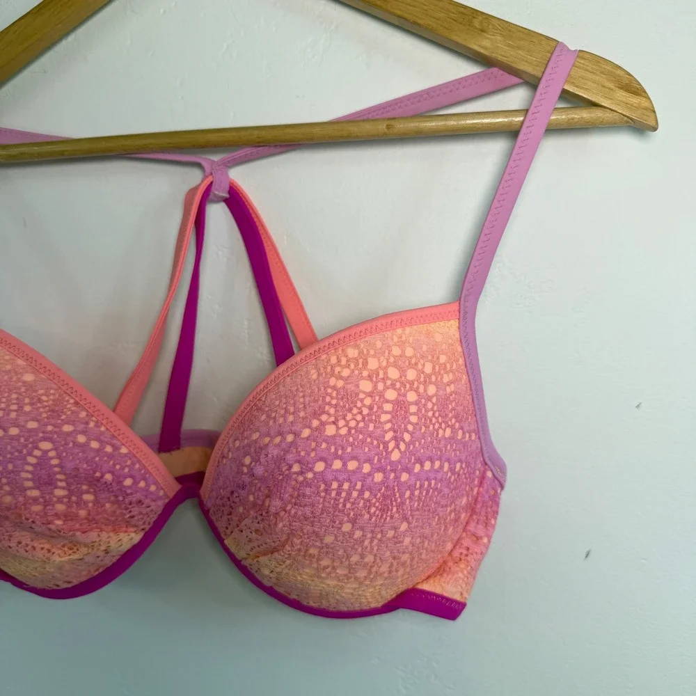 Victoria's Secret Fabulous Bikini Top‎ 34D Pink Ombre Lace Strappy Swim Barbie
